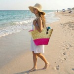 Straw Tote: Woven Wheat Straw Tote - 2 Tones - Fuchsia - BG-R11052FU